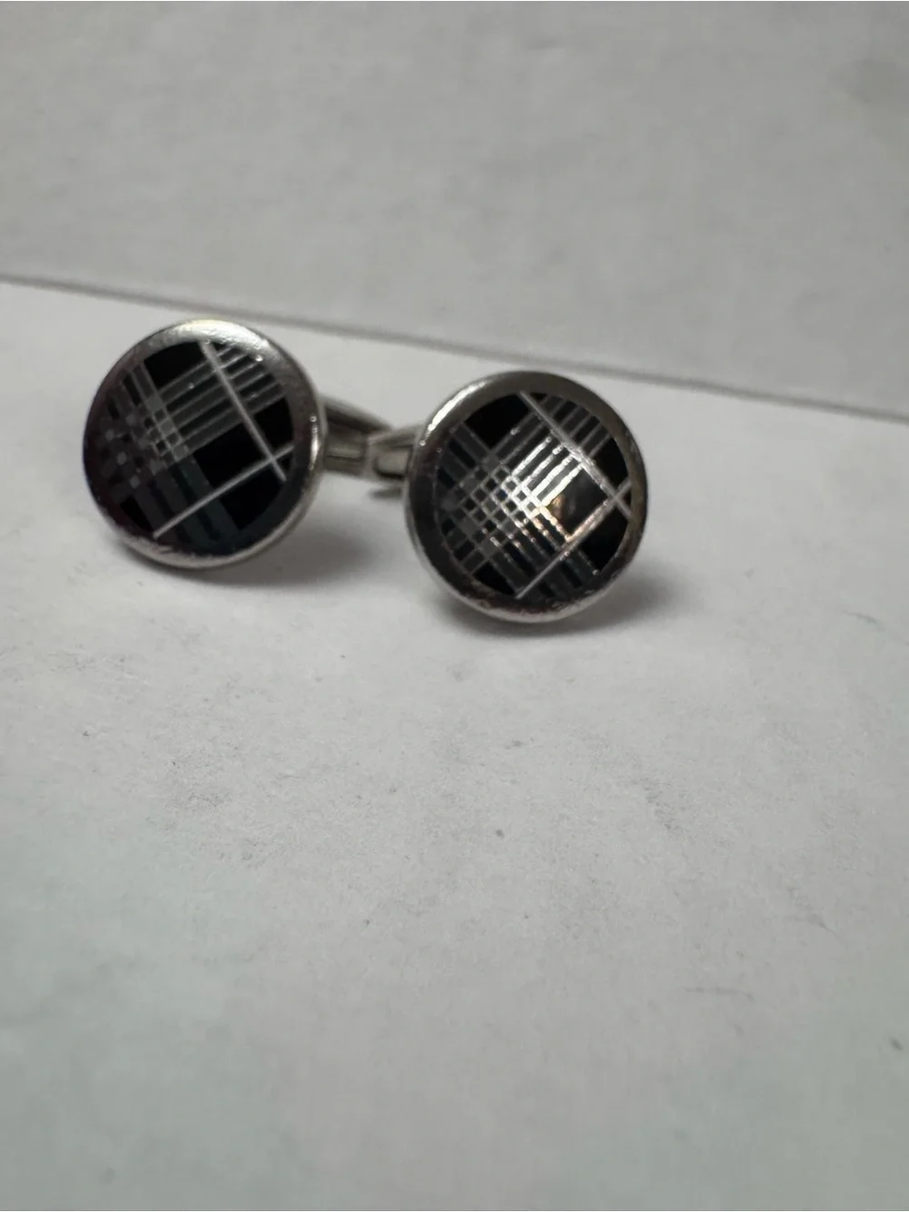 Authentic Vintage Burberry Round Nova Check Enamel Cufflinks - Silver-Tone